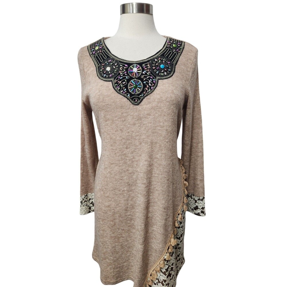 Simply Couture Brown Sweater Dress L Beaded Lace Embroidred Tasseled Back Tie